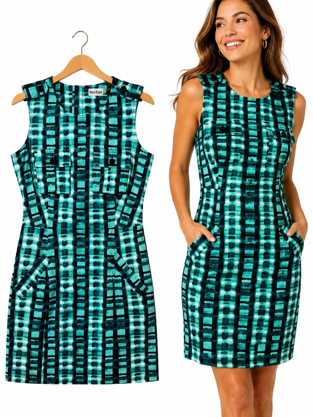 Marvin Richards Cotton Sheath Dress Teal Abstract Print Utility Pockets Size 4